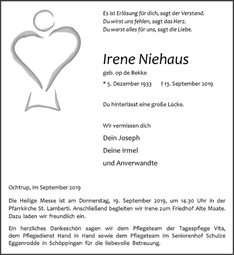  Traueranzeige für Irene Niehaus vom 16.09.2019 aus Westfälische Nachrichten