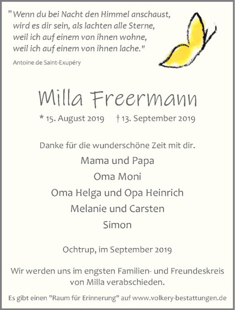  Traueranzeige für Milla Freermann vom 18.09.2019 aus Westfälische Nachrichten