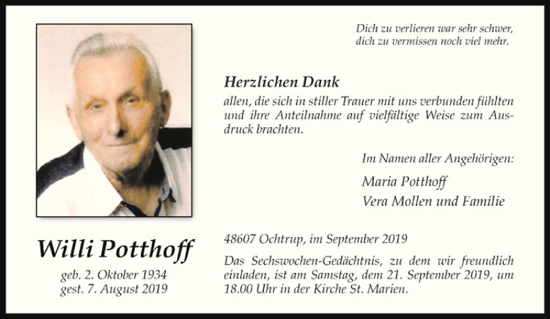  Traueranzeige für Willi Potthoff vom 18.09.2019 aus Westfälische Nachrichten