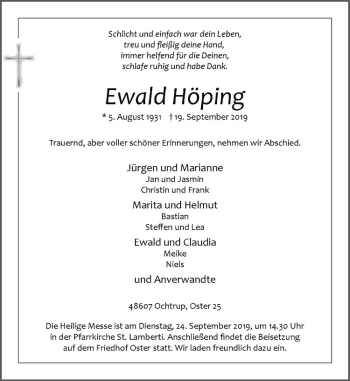 Anzeige von Ewald Höping von Westfälische Nachrichten