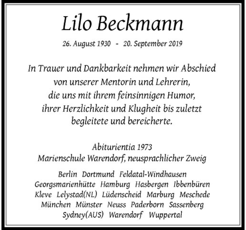  Traueranzeige für Lilo Beckmann vom 28.09.2019 aus Westfälische Nachrichten