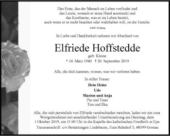 Anzeige von Elfriede Hoffstedde von Westfälische Nachrichten