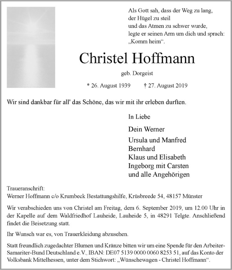  Traueranzeige für Christel Hoffmann vom 04.09.2019 aus Westfälische Nachrichten