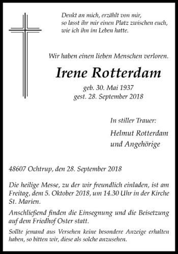Anzeige von Irene Rotterdamm von Westfälische Nachrichten