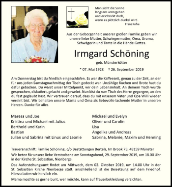 Anzeige von Irmgard Schöning von Westfälische Nachrichten
