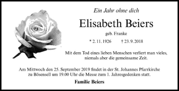 Anzeige von Elisabeth Beiers von Westfälische Nachrichten