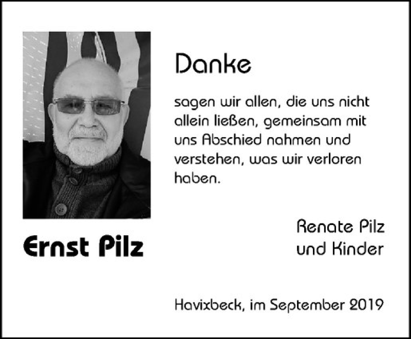  Traueranzeige für Ernst Pilz vom 14.09.2019 aus Westfälische Nachrichten