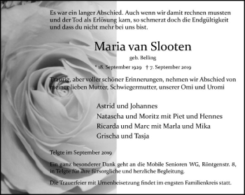 Anzeige von Maria van Slooten von Westfälische Nachrichten