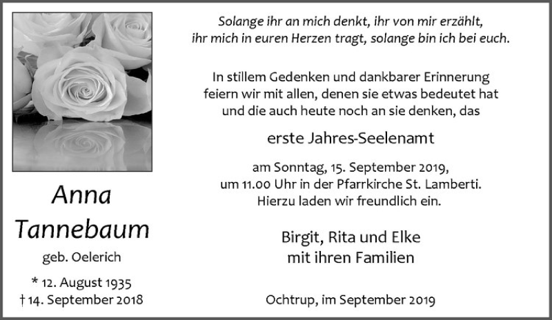  Traueranzeige für Anna Tannebaum vom 11.09.2019 aus Westfälische Nachrichten