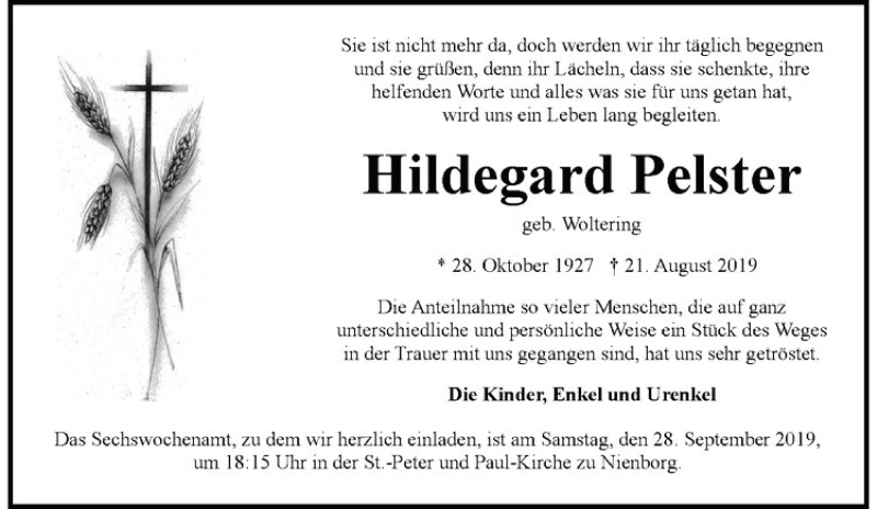  Traueranzeige für Hildegard Pelster vom 28.09.2019 aus Westfälische Nachrichten