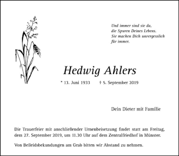 Anzeige von Hedwig Ahlers von Westfälische Nachrichten