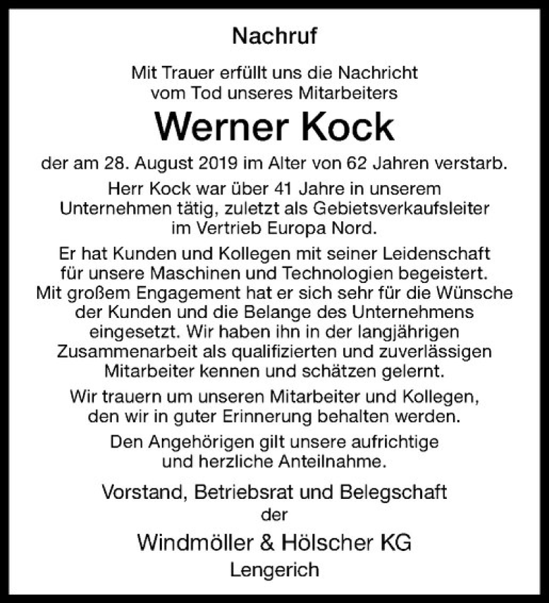  Traueranzeige für Werner Kock vom 04.09.2019 aus Westfälische Nachrichten
