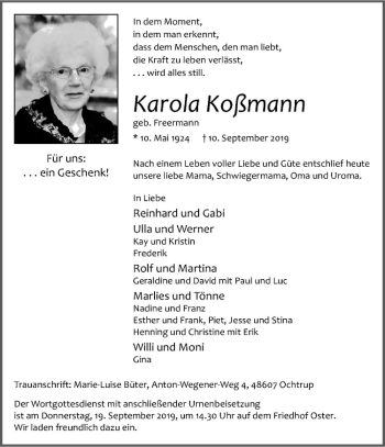 Anzeige von Karola Koßmann von Westfälische Nachrichten