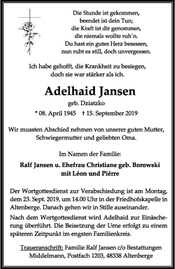 Anzeige von Adelhaid Jansen von Westfälische Nachrichten