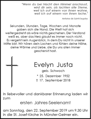 Anzeige von Evelyn Justa von Westfälische Nachrichten