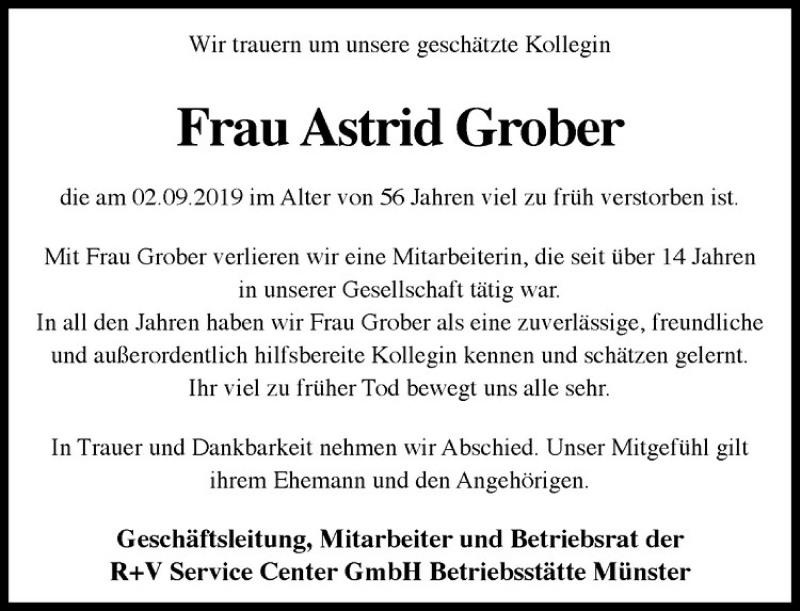  Traueranzeige für Astrid Grober vom 07.09.2019 aus Westfälische Nachrichten