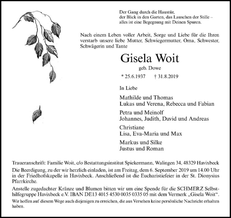  Traueranzeige für Gisela Woit vom 04.09.2019 aus Westfälische Nachrichten