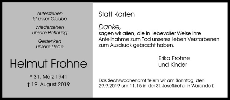  Traueranzeige für Helmut Frohne vom 26.09.2019 aus Westfälische Nachrichten