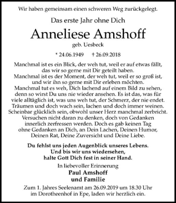Anzeige von Anneliese Amshoff von Westfälische Nachrichten