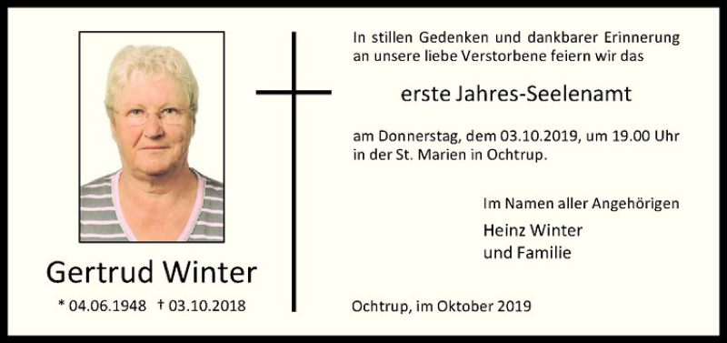  Traueranzeige für Gertrud Winter vom 30.09.2019 aus Westfälische Nachrichten