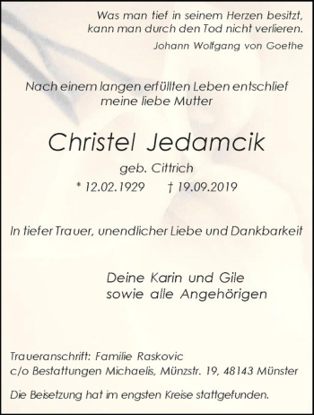 Anzeige von Christel Jedamcik von Westfälische Nachrichten