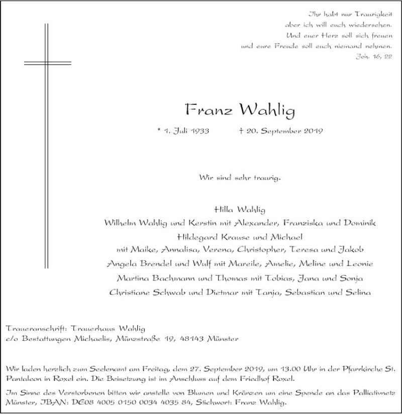  Traueranzeige für Franz Wahlig vom 25.09.2019 aus Westfälische Nachrichten