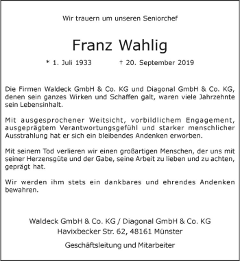 Anzeige von Franz Wahlig von Westfälische Nachrichten