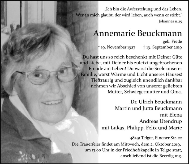  Traueranzeige für nnemarie Beuckmann vom 28.09.2019 aus Westfälische Nachrichten