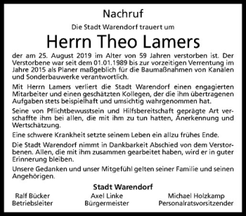 Anzeige von Theo Lamers von Westfälische Nachrichten