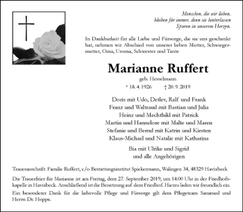 Anzeige von Marianne Ruffert von Westfälische Nachrichten