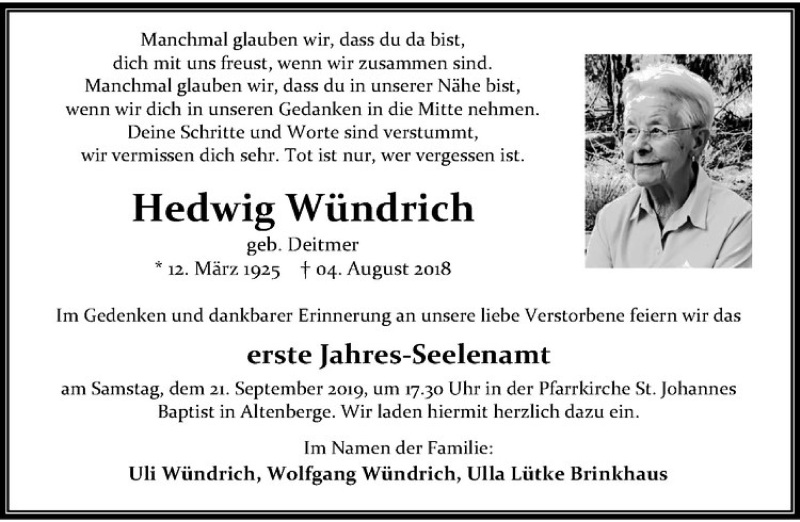  Traueranzeige für Hedwig Wündrich vom 14.09.2019 aus Westfälische Nachrichten