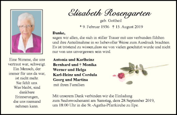 Anzeige von Elisabeth Rosengarten von Westfälische Nachrichten