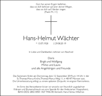 Anzeige von Hans-Helmut Wächter von Westfälische Nachrichten