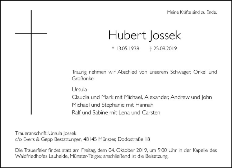  Traueranzeige für Hubert Jossek vom 28.09.2019 aus Westfälische Nachrichten