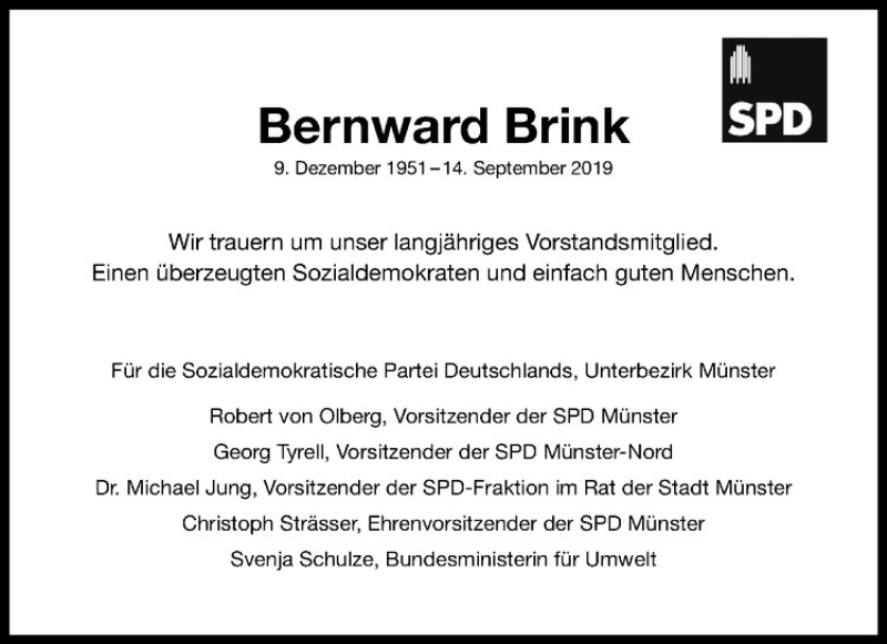 Traueranzeige für Bernward Brink vom 28.09.2019 aus Westfälische Nachrichten
