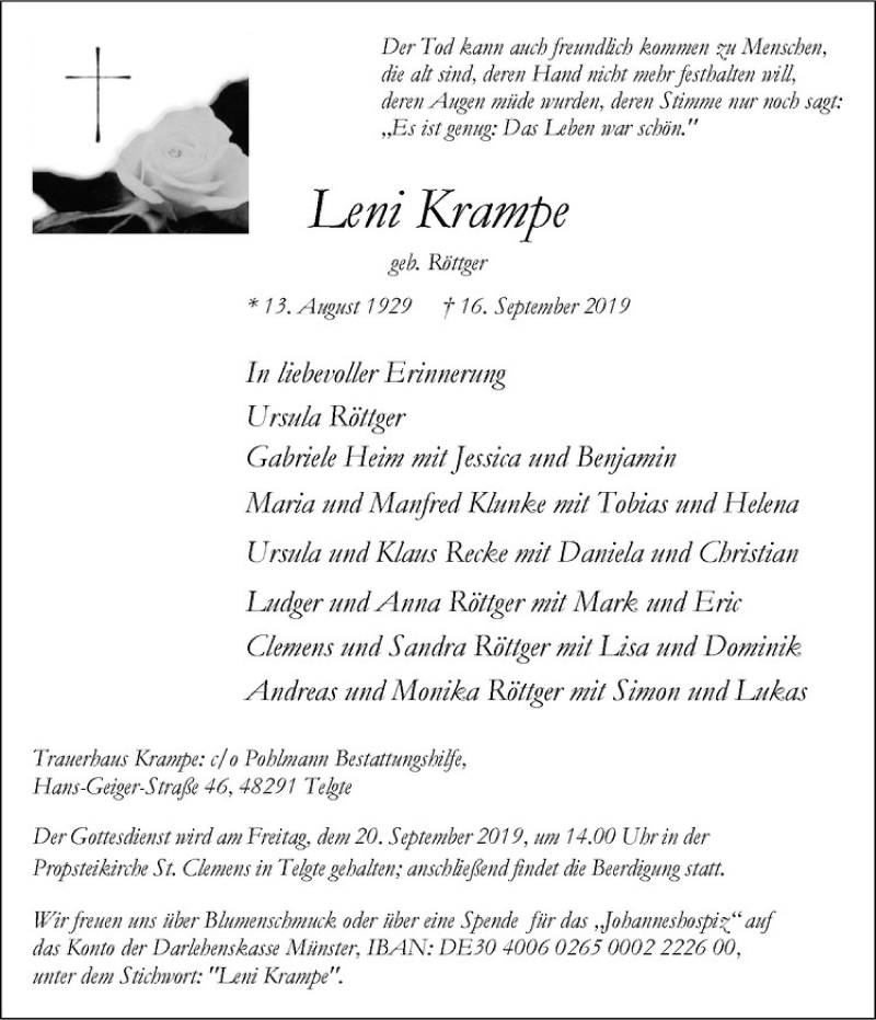  Traueranzeige für Leni Krampe vom 18.09.2019 aus Westfälische Nachrichten