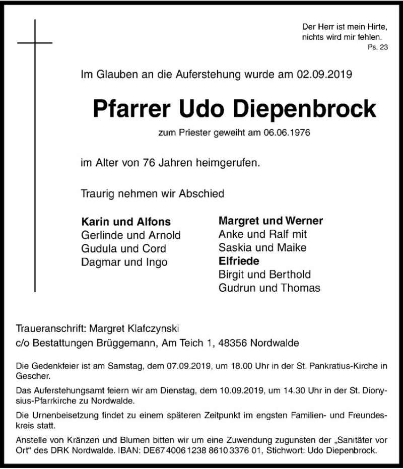  Traueranzeige für Udo Diepenbrock vom 07.09.2019 aus Westfälische Nachrichten