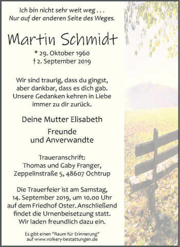 Anzeige von Martin Schmidt von Westfälische Nachrichten
