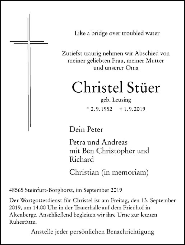  Traueranzeige für Christel Stüer vom 07.09.2019 aus Westfälische Nachrichten