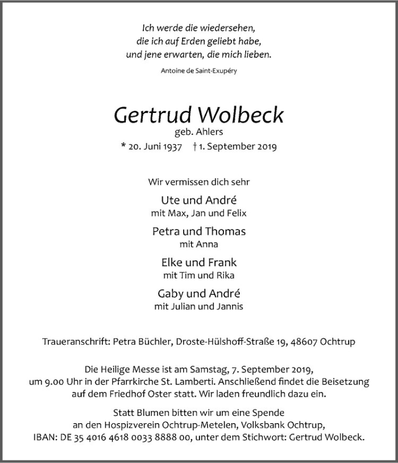  Traueranzeige für Heinz Wolbeck vom 04.09.2019 aus Westfälische Nachrichten