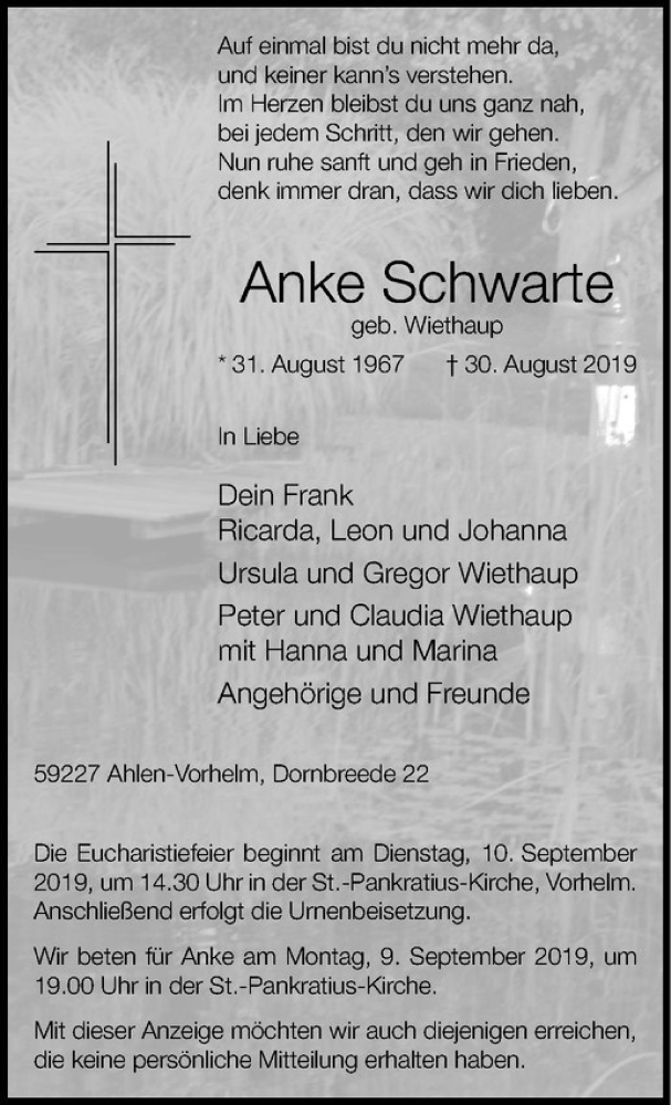  Traueranzeige für Anke Schwarte vom 06.09.2019 aus Westfälische Nachrichten