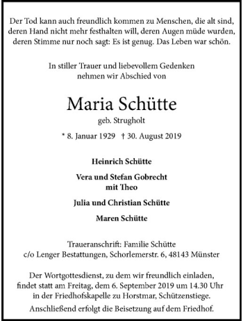 Anzeige von Maria Schütte von Westfälische Nachrichten