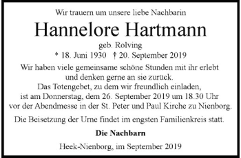 Anzeige von Hannelore Hartmann von Westfälische Nachrichten