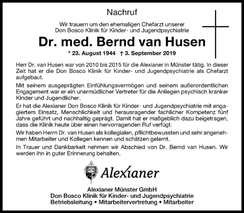 Traueranzeige für Bernd van Husen vom 25.09.2019 aus Westfälische Nachrichten