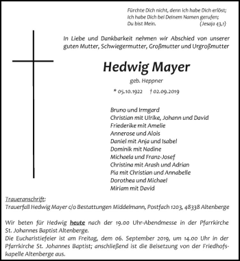 Anzeige von Hedwig Mayer von Westfälische Nachrichten