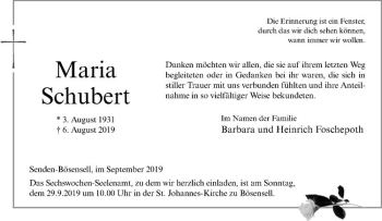 Anzeige von Maria Schubert von Westfälische Nachrichten