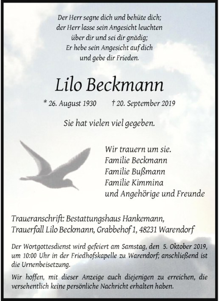  Traueranzeige für Lilo Beckmann vom 28.09.2019 aus Westfälische Nachrichten