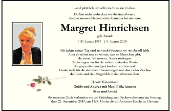Anzeige von Margret Hinrichsen von Westfälische Nachrichten