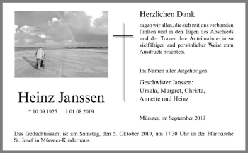 Anzeige von Heinz Jansen von Westfälische Nachrichten