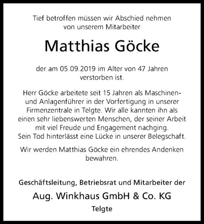  Traueranzeige für Matthias Göcke vom 12.09.2019 aus Westfälische Nachrichten